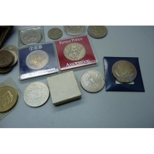 874 - A collection of coins, commemorative coins, medallions and a football fob medal