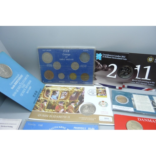 875 - A collection of coins including Queen Elizabeth 80th Birthday cover, 2011 £5 Brilliant Uncirculated ... 