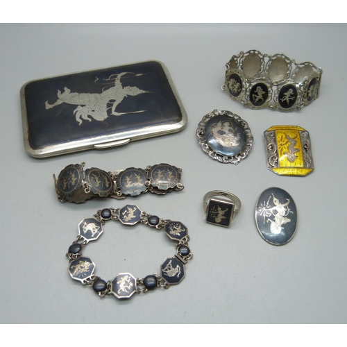 881 - A collection of Siam silver and niello jewellery and a cigarette case, total weight 253g, one bracel... 