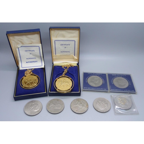 883 - Seven commemorative crowns and two 22ct gold plated 1977 crowns with chains