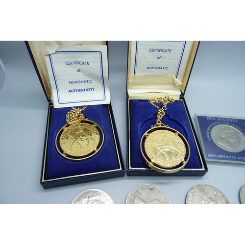 883 - Seven commemorative crowns and two 22ct gold plated 1977 crowns with chains