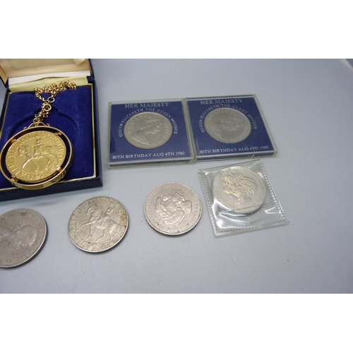 883 - Seven commemorative crowns and two 22ct gold plated 1977 crowns with chains