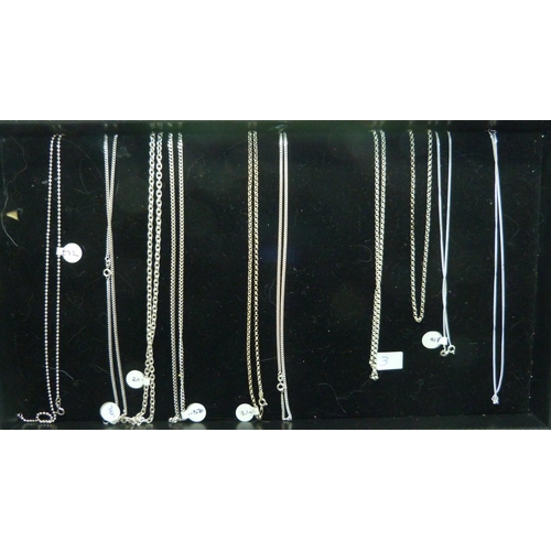 888 - Ten silver chains, as new unused, various lengths and styles