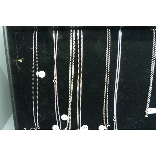 888 - Ten silver chains, as new unused, various lengths and styles