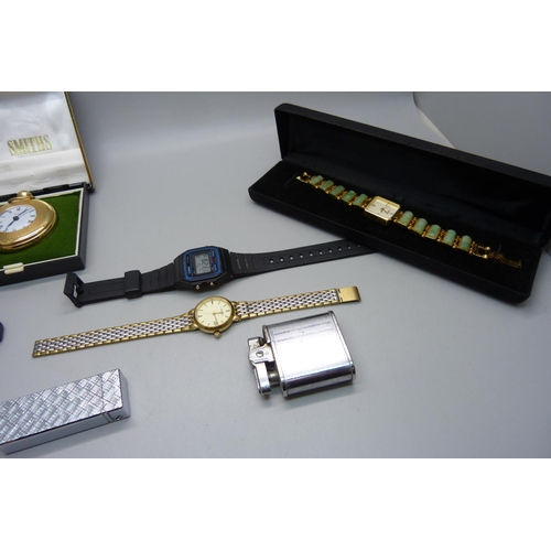 891 - A collection of wristwatches including a Smiths De Luxe, a pocket watch, etc., and three lighters in... 