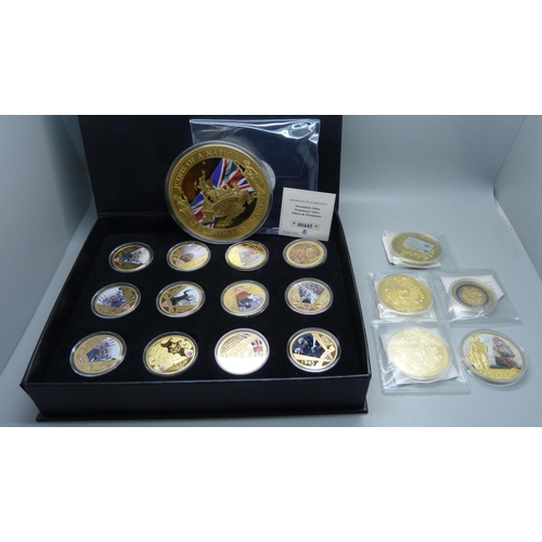 908 - A set of Victory 1945 anniversary commemorative coins, gold plated, Horatio Nelson coin, £5 bank not... 