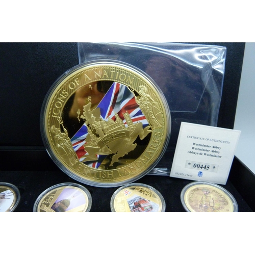 908 - A set of Victory 1945 anniversary commemorative coins, gold plated, Horatio Nelson coin, £5 bank not... 