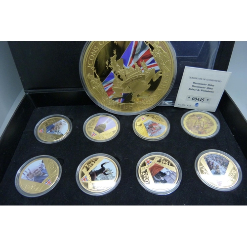 908 - A set of Victory 1945 anniversary commemorative coins, gold plated, Horatio Nelson coin, £5 bank not... 