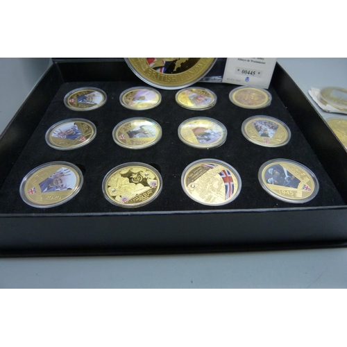 908 - A set of Victory 1945 anniversary commemorative coins, gold plated, Horatio Nelson coin, £5 bank not... 