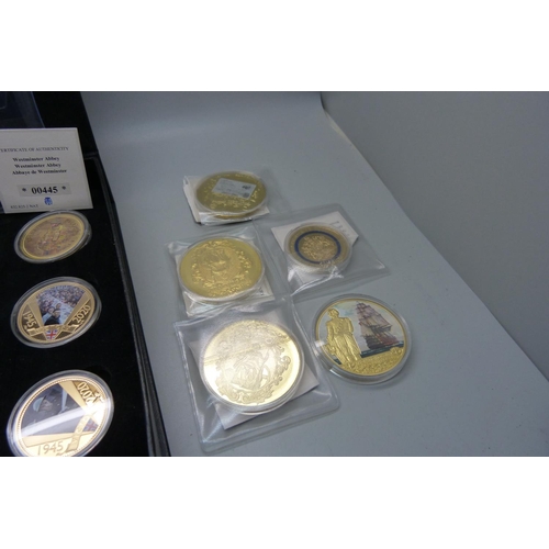 908 - A set of Victory 1945 anniversary commemorative coins, gold plated, Horatio Nelson coin, £5 bank not... 