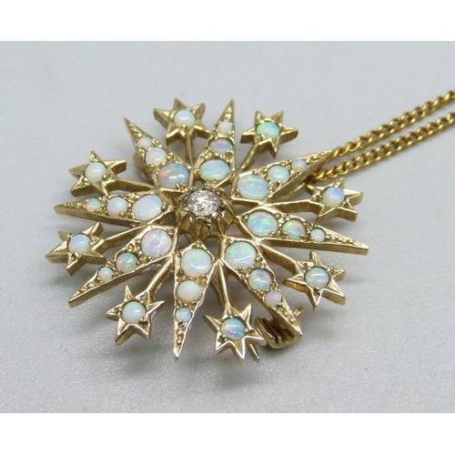 918 - A 9ct gold, opal and diamond pendant/brooch with chain, 7.6g, pendant 3cm