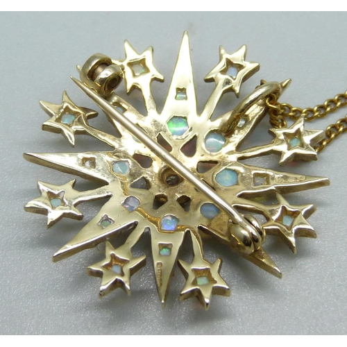 918 - A 9ct gold, opal and diamond pendant/brooch with chain, 7.6g, pendant 3cm