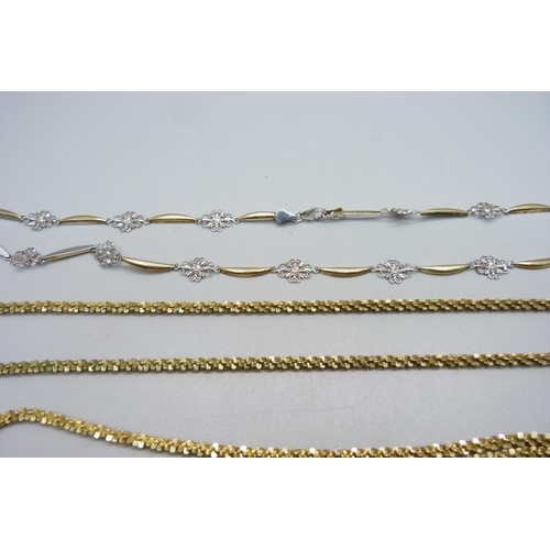 925 - Two silver gilt chains and a silver necklace with a 14ct gold layer