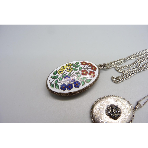 928 - A silver locket and chain and an enamelled pendant on a silver chain