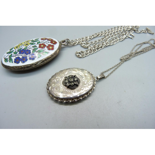 928 - A silver locket and chain and an enamelled pendant on a silver chain