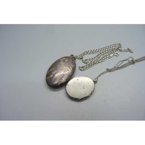 928 - A silver locket and chain and an enamelled pendant on a silver chain