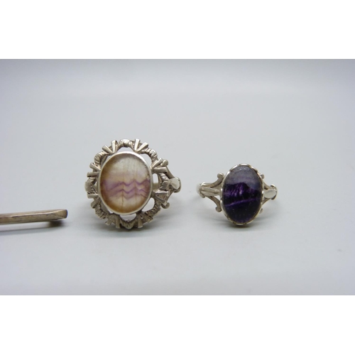 948 - Two silver and Blue John rings, Q and O, and a similar brooch