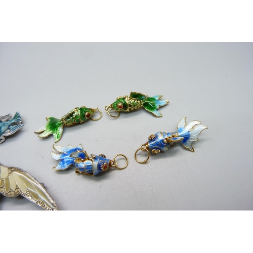 950 - Two pairs of articulated fish earrings, a pair of enamelled bird clip-on earrings and an enamelled b... 