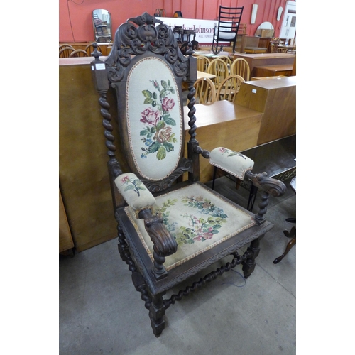 121 - A 19th Century French carved oak barleytwist throne chair