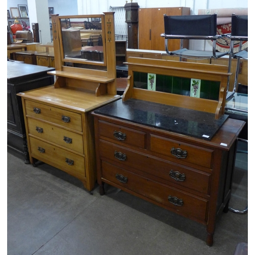 160 - An Art Nouveau satin birch dressing chest, a beech chest of drawers and a marble washstand top