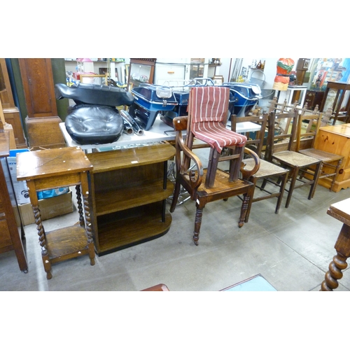 186 - An oak barleytwist occasional table, a small Art Deco walnut bookcase, assorted chairs, etc. (8)