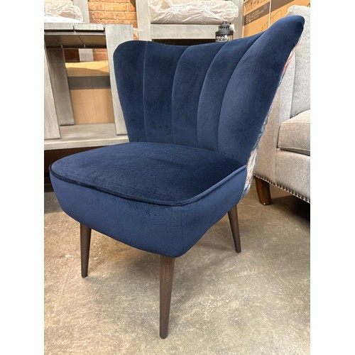 1351 - A Clarke & Clarke midnight blue velvet side chair with floral patterned back