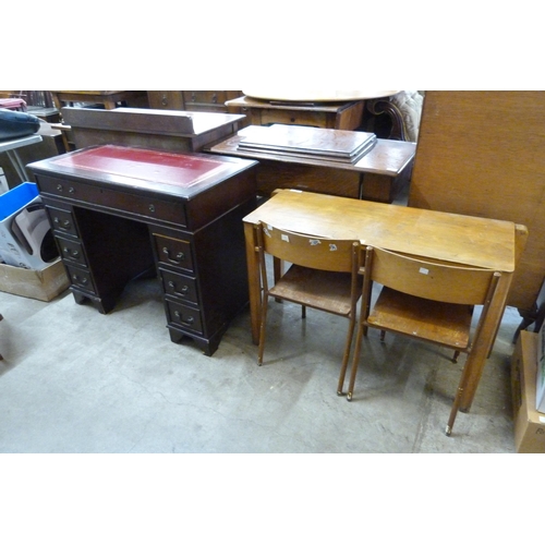 204 - A vintage child's school desk with two chairs and a mahogany desk