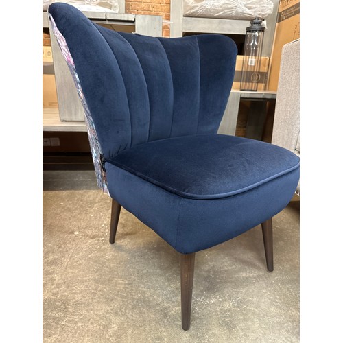 1351 - A Clarke & Clarke midnight blue velvet side chair with floral patterned back