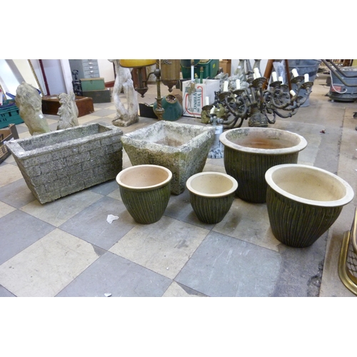 245 - Two concrete garden planters and three plant pots