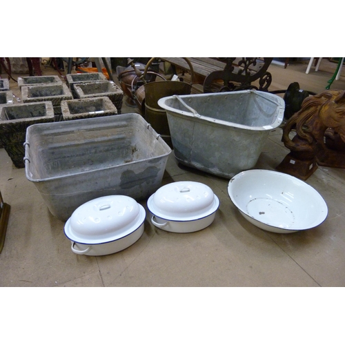 261 - Two galvanised tubs and assorted enamelled items