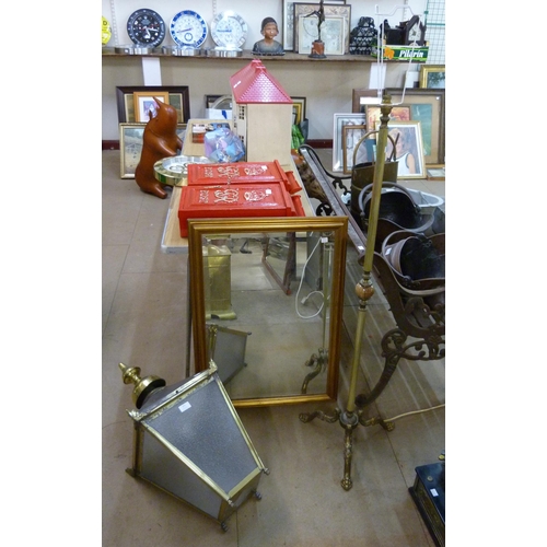 271 - A Victorian style brass lantern, a standard lamp and a gilt framed mirror