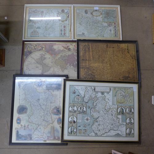 296A - Six assorted maps, including reproduction John Speed, all framed