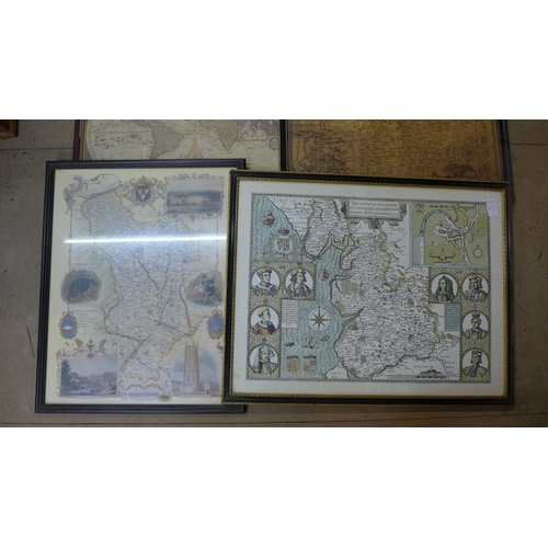 296A - Six assorted maps, including reproduction John Speed, all framed