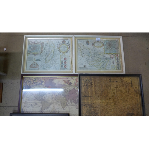 296A - Six assorted maps, including reproduction John Speed, all framed