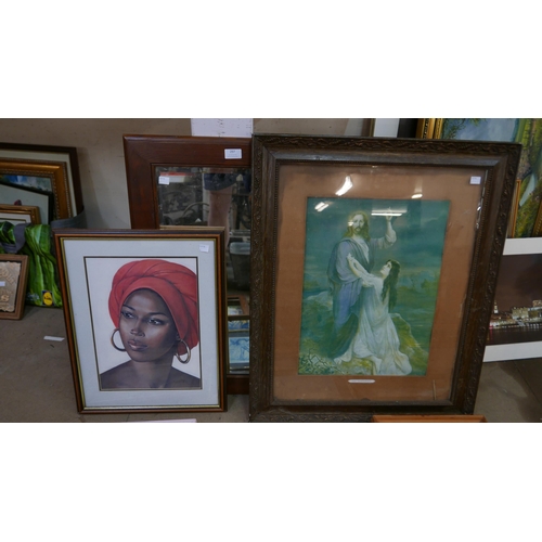 297 - Shirley Easton, Hermitage Water, mixed media, a portrait of an African lady, oil, Kylie Minogue prin... 