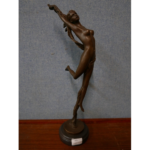 305 - An Art Deco style bronze figure of a female nude, on black marble socle