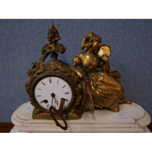 307 - A 19th Century French gilt metal and white marble mantel clock