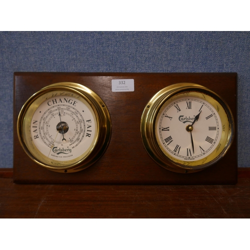 332 - A wall mounted ships style brass clock and barometer, marked Carlsberg