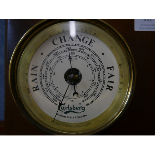 332 - A wall mounted ships style brass clock and barometer, marked Carlsberg