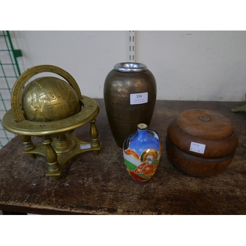 336 - A small brass terrestrial globe on stand, a treen pot and cover and two others