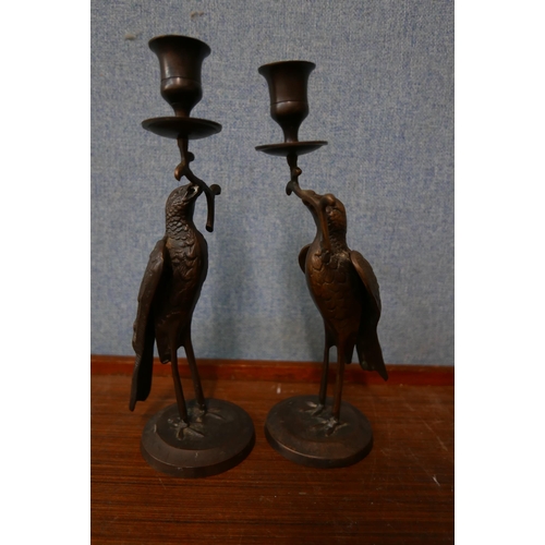 347 - A pair of French bronze figural stork candlesticks