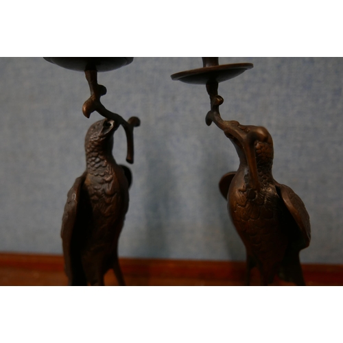 347 - A pair of French bronze figural stork candlesticks