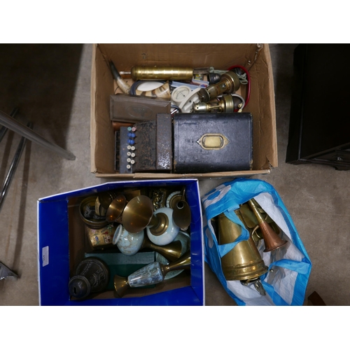 364 - Three boxes of mixed metalwares, silver plate, copper and brass, a child's shop till, Edwardian writ... 