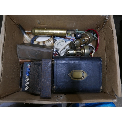 364 - Three boxes of mixed metalwares, silver plate, copper and brass, a child's shop till, Edwardian writ... 