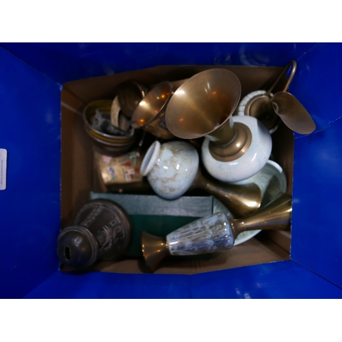 364 - Three boxes of mixed metalwares, silver plate, copper and brass, a child's shop till, Edwardian writ... 