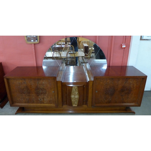 72 - A large Art Deco walnut and parcel gilt mirrorback sideboard, 155cms h, 263cms w, 55cms d