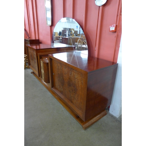 72 - A large Art Deco walnut and parcel gilt mirrorback sideboard, 155cms h, 263cms w, 55cms d