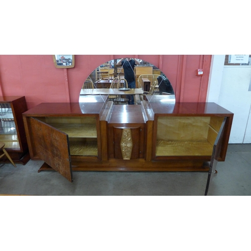 72 - A large Art Deco walnut and parcel gilt mirrorback sideboard, 155cms h, 263cms w, 55cms d