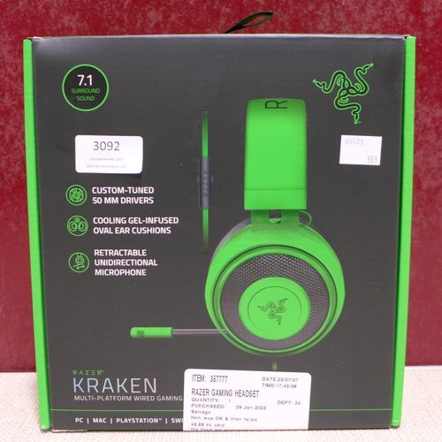 3092 - Razer Kraken Green Gaming Headset           (303-120) * This lot is subject to VAT