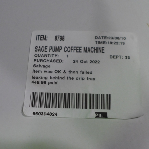 3298 - Sage Pump Coffee Machine, original RRP £449.99 + VAT (303-404) * This lot is subject to VAT